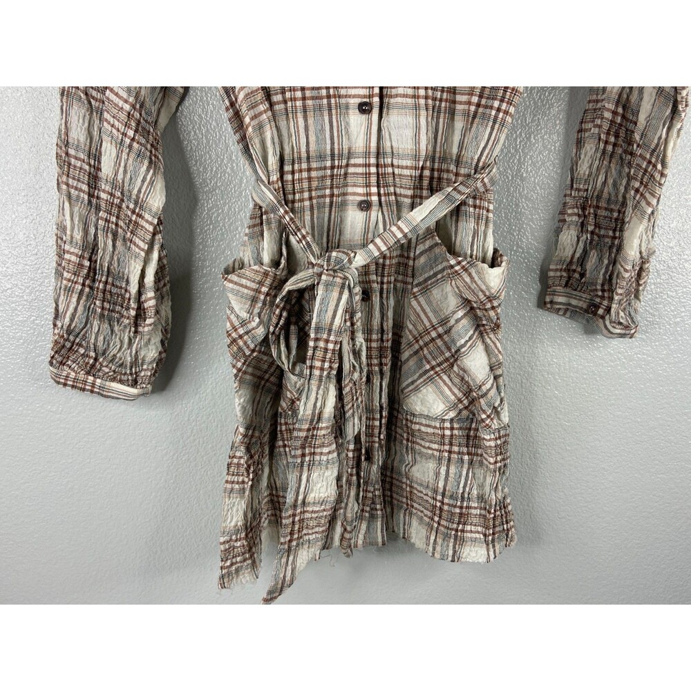 Mainstrip Women Large Plaid Shirt Dress Brown Beige Tie Belt Western Cowgirl - Picture 3 of 8